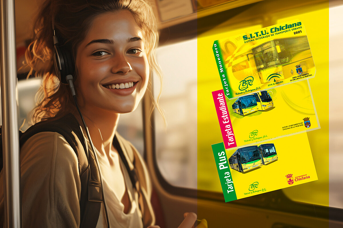 Youthful woman grinning and gripping a handle during public bus
